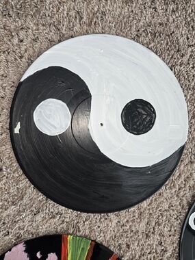 Hand-Painted Yin Yang Vinyl Record Wall Art - Black & White